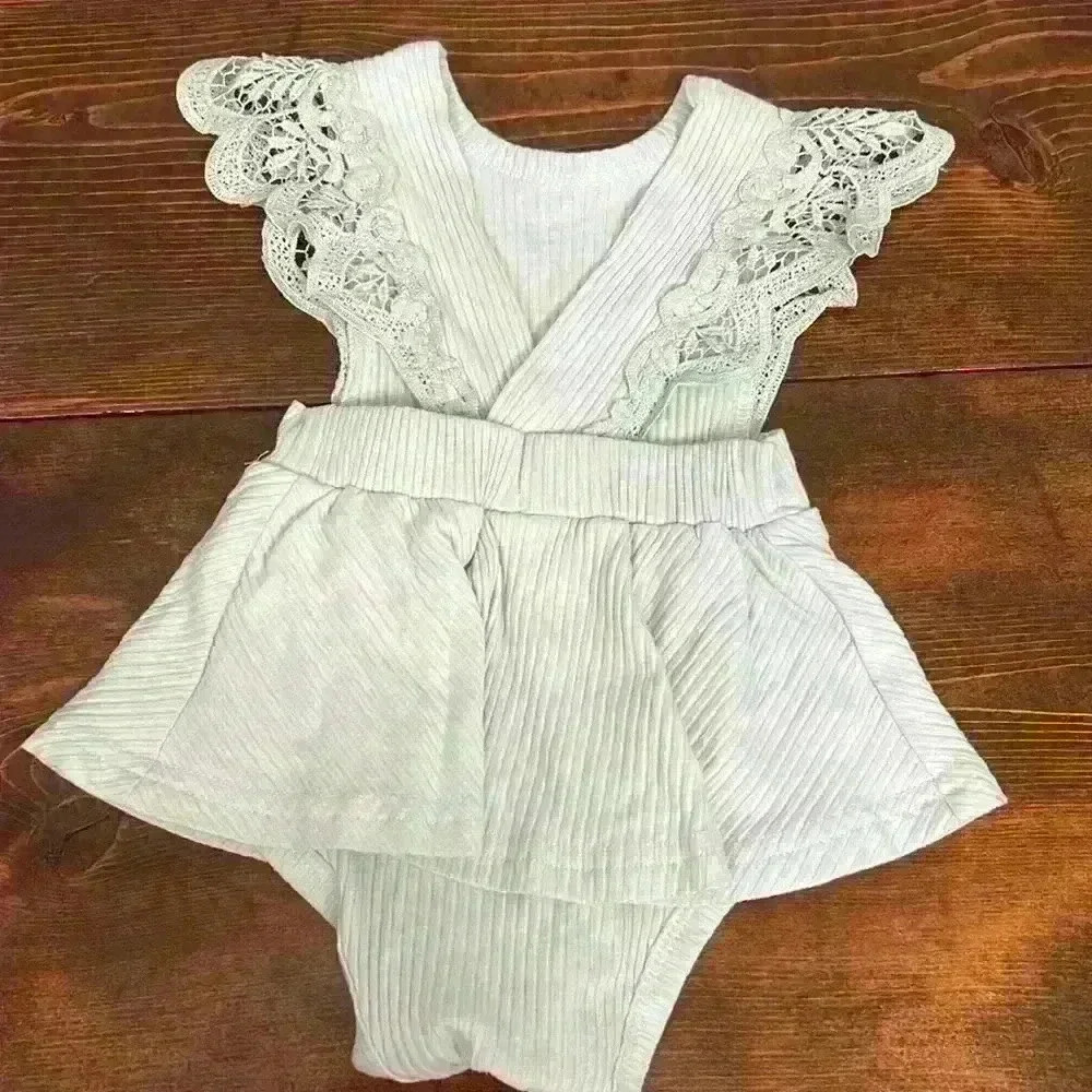 Baby Girl Dress | Pastel Green and Lace Baby Romper - Picture 4 of 5